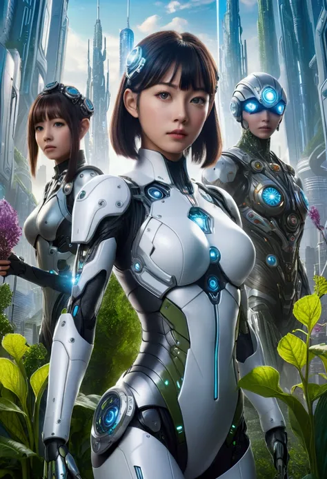 A young girl Genius female idol Yuki surrounded by futuristic humans, including a woman sprouting plants from her hand, a cybernetic soldier with a stern expression, and two explorers with glowing equipment, the backdrop features a futuristic cityscape wit...