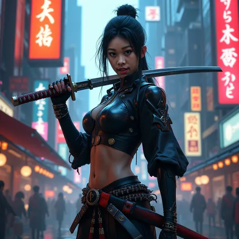 Samurai woman, cyberpunk, focus, holding katana, masterpice, best image, best quality