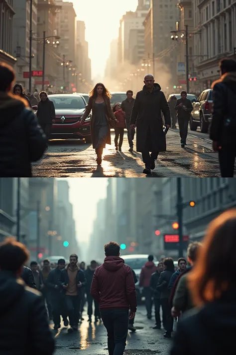 Two contrasting scenes: one of chaos and panic, like a crowded street with people running or evacuating, and the other of confused people talking, looking at their phones with uncertain expressions.
