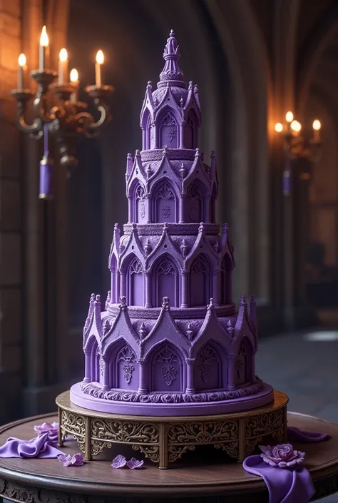 Create a medium purple cake ,  that looks elegant and with a medieval touch