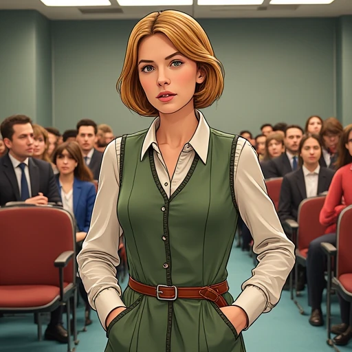 Masterpiece, Excellent, (Office: 1.8), CG drawing with super high detail, standing, 1 royal sister, angry, a woman with short tan hair, layered dress, hands crossed at waist, facing the audience, illustration, wide angle panorama