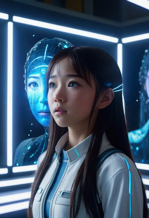 A young girl Genius female idol Yuki standing in a glowing digital room, tears in her eyes as holograms of human efforts to save Earth appear around her, a massive AI face in the background, flickering with uncertainty, emotional and hopeful, cinematic lig...