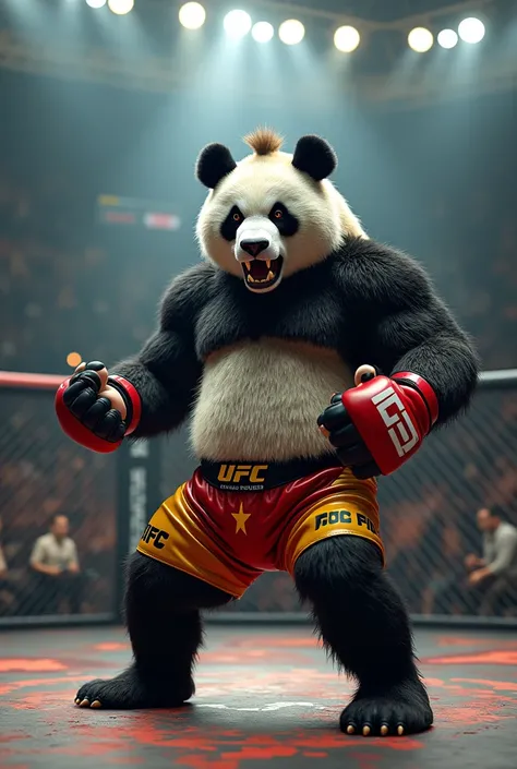  A realistic scene in an MMA fighting octagon ,  highlighting an impressive anthropomorphic figure in a fighting position:  a muscular and imposing panda with a humanoid body .  The panda has a realistic head with large intricately detailed fangs and serio...