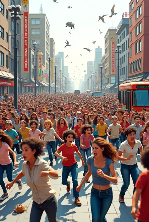 chaos and panic, like a crowded street with cartoon people running or evacuating.
With white background 