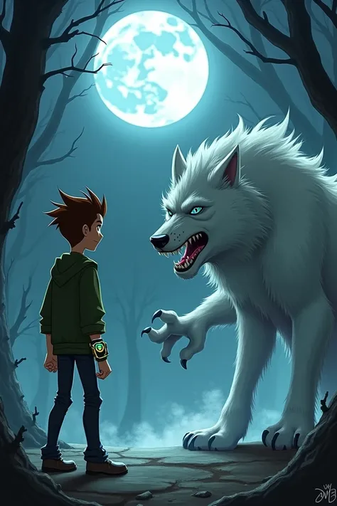 "Ben 10, a teenage boy with spiky brown hair, wearing a green jacket and the Omnitrix glowing brightly on his wrist, stands in a defensive pose. Opposite him, a large, snarling white wolf with piercing blue eyes and sharp fangs crouches low, ready to attac...