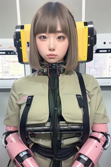 masterpiece, best quality, extremely detailed,portrait,front view,Japaese android girl,Plump,pastel color uniform, control panels,android,Droid,Mechanical Hand, Robot arms and legs,Blunt bangs,long tube,thick cable connected her neck