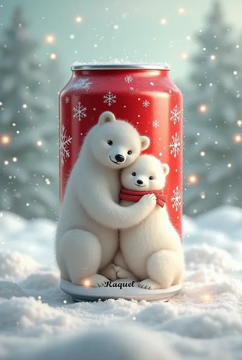 Christmas can of Coca-Cola with bears and that has Raquel written on the tin