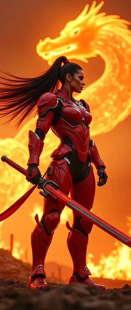 In a cinematic Cowboy Shot framing, A muscular warrior, a majestic She Hulck , Marvel,  wears a flamboyant red-core-style armored ninja robot and She Hulck armor, Marvel,  her shiny black hair flowing like flames in a long ponytail on her back . Against th...