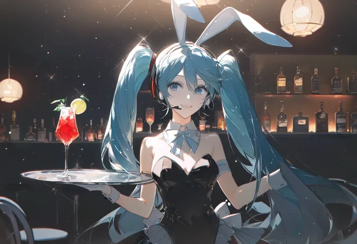 Masterpiece, best quality, very aesthetic, absurdres, 1girl, solo, rella, hatsune miku, bar, bartender, leotard, playbunny, bunny ears, holding tray, blue theme, alcohol, cocktail, neo lights, chair, blue hair, twin tails, blue eyes, dress, portrait, smile...