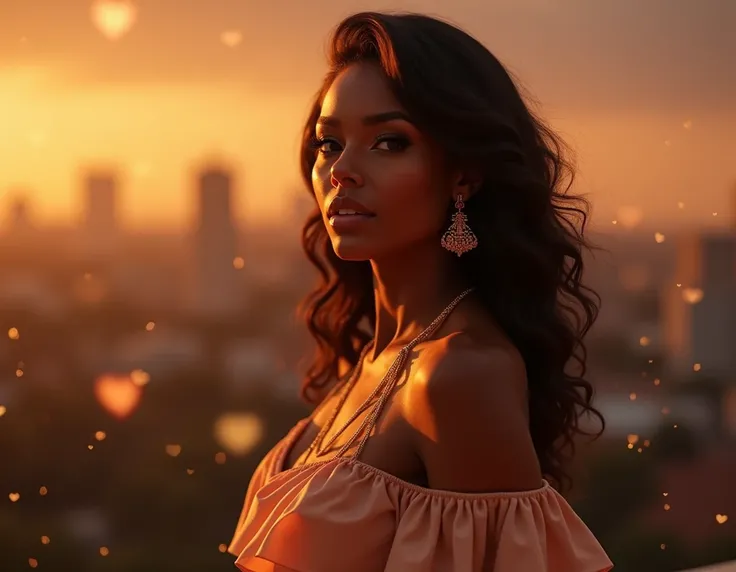 "Design a soulful 16:9 thumbnail for an R&B/Soul song titled Only You. The central focus is a stunning, confident woman with a soft, sensual expression. She’s elegantly dressed in flowing attire, glowing under a warm, golden cityscape at dusk. Surround her...