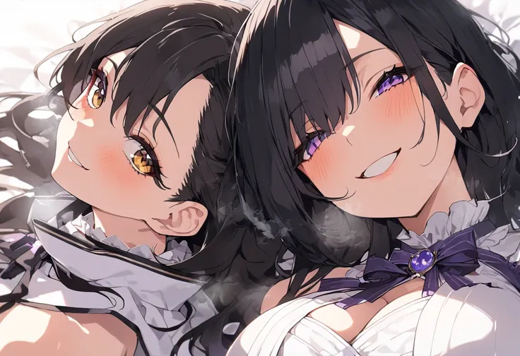 ((  best quality)), ((masterpiece)), (   Details), 2 girls,  sexy, 1st Daughter , (((  black straight hair ))), Beautiful girl with big breasts, (((黒い sexyなレースのランジェリーにガーターベルトをつけた美少女))),   shyly looking up , ((( sexy smile))), steam, (((((break))))), Second...