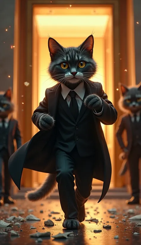 
A cinematic, action-packed scene showcasing an anthropomorphic cat with human-like proportions, dressed in a sleek black suit and matching mask. The hero cat, clutching a bulging money bag, stealthily exits a grandiose, opulent bank building. His posture ...