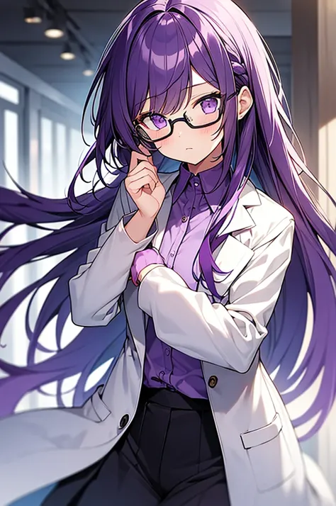 Girl with glasses, mbti intp, beautiful, purple hair, tied hair, white coat, purple shirt, purple pants, purple eyes, expressionless face, introverted.