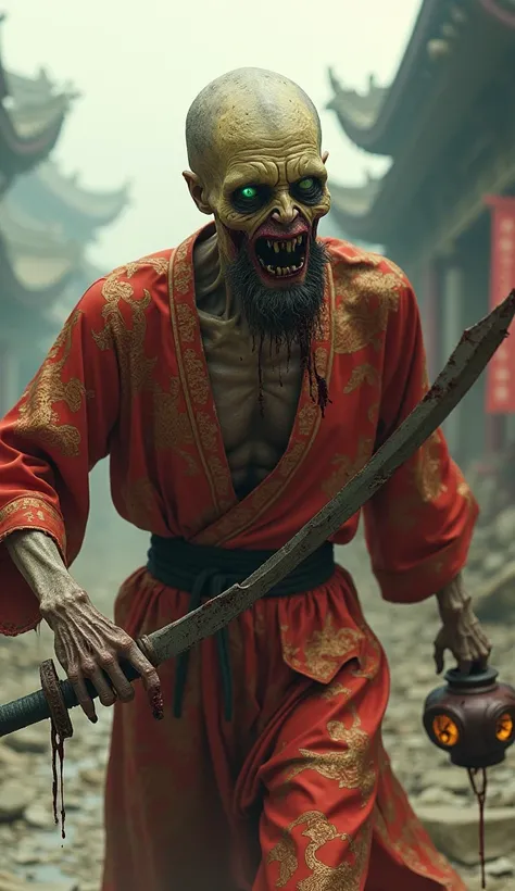 Here’s an ultra-realistic and horrifying zombie inspired by China:

**Prompt**: "An ultra-realistic, terrifying zombie representing China, with decaying, pale yellow skin that has a waxy, sickly appearance. The skin is marred with deep, cracked wounds and ...