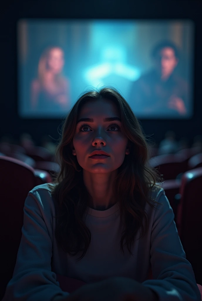 Front view of a woman watching a movie at a movie theater