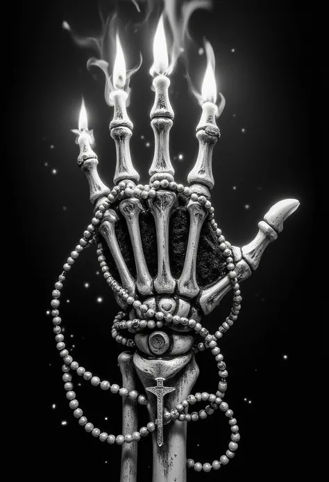 Best quality, high resolution 8k. Flaming skeleton hand with a rosary wraps around the hand. For metal band logo. Black and white. With psalms bible verse on it. 