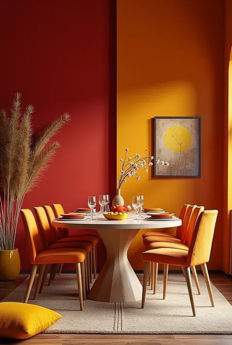 Incorporate red in accent walls or decorative elements ,

  orange in textiles and decorative items

yellow in smaller accessories to create a warm dining room or living room