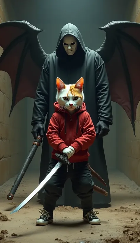 4d, ultra highly detailed, perfect lighting, professional camera view angle, professional photo shot, perfect oiled painting, masterpiece, 8k render, a white and orange striped cat teenager wearing a red hoodie jacket, lather pants and sneakers, carrying a...