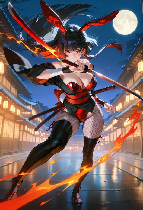 masterpiece), best quality, newest, highres, absurdres, ultra detail, extremely detailed, official art, rich colors, sharp contrast, detailed shading, perfect anatomy, good hands, solo, 1girl,large breasts,red eyes, (kunoichi), bare shoulder, sleeve less, ...