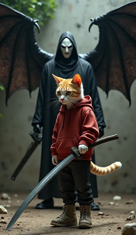 4d, ultra highly detailed, perfect lighting, professional camera view angle, professional photo shot, perfect oiled painting, masterpiece, 8k render, a white and orange striped cat teenager wearing a red hoodie jacket, lather pants and sneakers, carrying a...