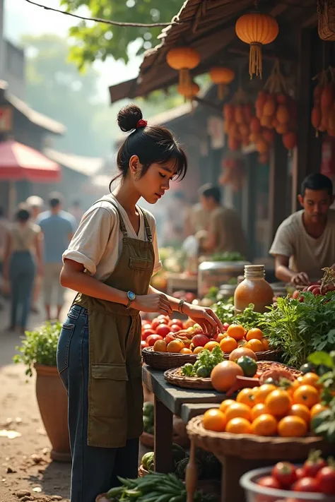 Create images of a  girl working hard in a market 
