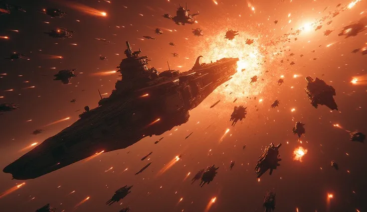 **Prompt:**  
Depict an epic moment in deep space as humanitys fleet, led by the advanced battleship *Horizon Vanguard*, launches a final, fiery assault on the Xelvors *Oblivion Nexus*, with human fighters weaving through swarms of enemy drones, pulsar wav...