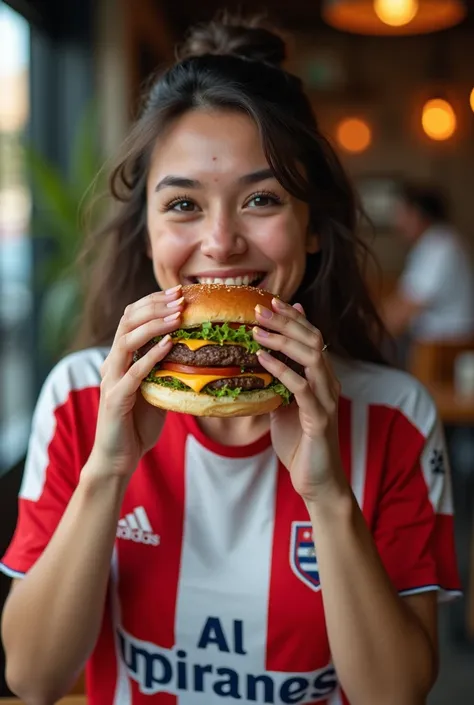 Georgina in the Al Nasr shirt has a burger