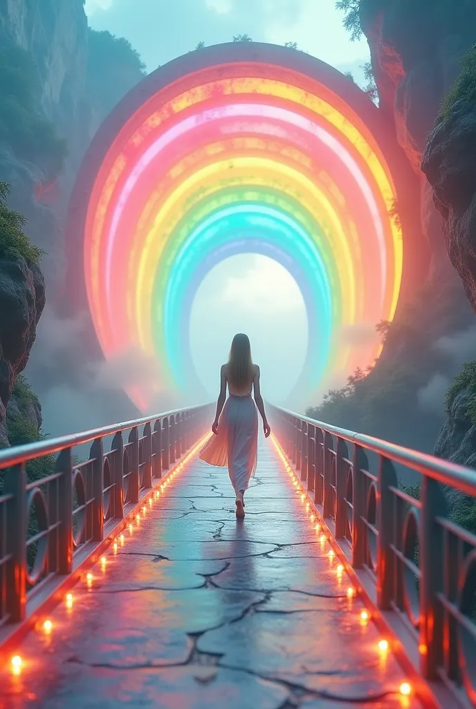 photorealistic a rainbow bridge where the supermodel walking over, intricate, highly detailed, digitally cinematic background