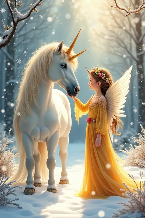 a realistic highly detailed watercolour image of a heartwarming winter scene featuring a beautiful angel with hair adorned with golden ribbons,  berries and leaves, dressed in a long golden dress, stroking a majestic unicorn in the snow, with delicate snow...