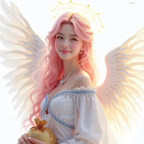 Beautiful Woman full body view, smile, pink and loose hair, hand to gold treasure bag angel wings white Dress with blue Ornaments, white backgrond