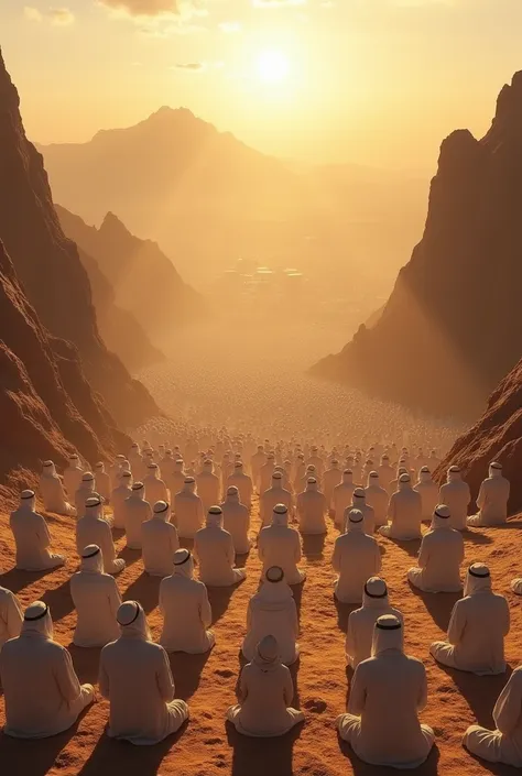 A group of pilgrims praying on Mount Arafat