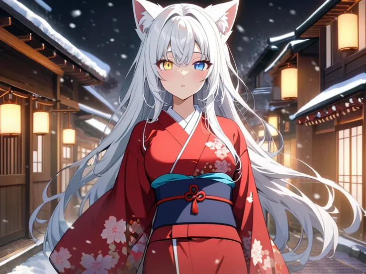 best quality , ultra detailed ,  highres icon ,anime style , from front , look at viewer ,One woman, ((long white hair)), (( Heterochromia,yellow right eye,blue left eye)), cat ears,  medium breasts , long hair, japanese kimono,on the japanese old street,s...