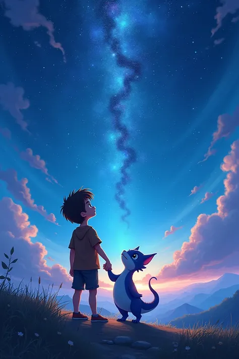  simple sky night and 20 years boy looking around and holding hand a skrill his is a story teller cartoonic style