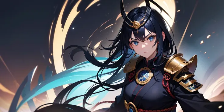 A striking samurai with long, flowing dark blue hair peeking from beneath an ornate samurai kabuto helmet. Her piercing blue eyes radiate focus and determination as she holds a gleaming katana, its blade catching the faint light of the storm. She wears int...