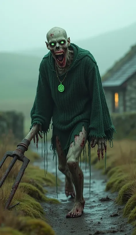 Here’s an ultra-realistic and horrifying zombie inspired by Ireland:

**Prompt**: "An ultra-realistic, terrifying zombie representing Ireland, with pale, mottled skin that is a sickly greenish-gray, covered in dark, infected sores and patches of decay. Its...