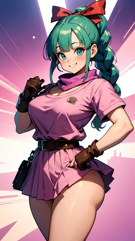 masterpiece, best quality, high resolution, dragon ball, blmpony, aqua hair, hair ribbon, braided ponytail, pink shirt, belt, scarf, pink skirt, clothes writing, brown gloves, ultra mini pink dress,  show ass ((half naked))) smiling, forest background, wal...