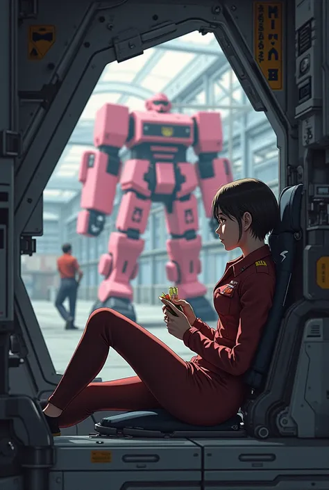 ((best quality)), ((masterpiece)), (detailed), 1girl, 
Robot and fighter hangar 、 mechanic man maintenance robot 、The pink Zaku chest door opens 、 a girl wearing Zeons military uniform sitting in the cockpit and eating a bento、21 years old、 slender、