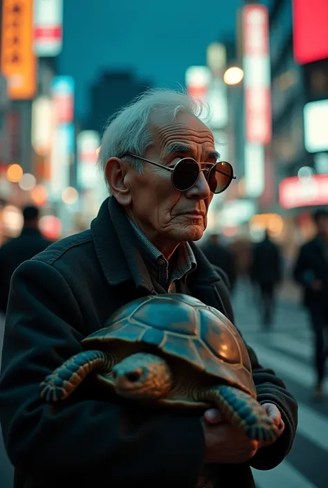  movie、 Imprint Image、8k、Shibuya、An old man carrying a turtle shell、 round sunglasses 