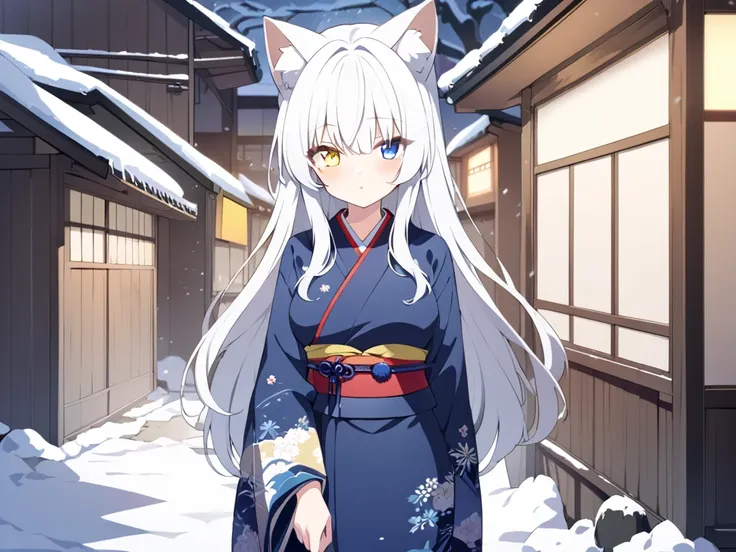 best quality , ultra detailed ,  highres icon ,anime style , from front , look at viewer ,One woman, ((long white hair)), (( Heterochromia,yellow right eye,blue left eye)), cat ears,  medium breasts , long hair, japanese kimono,on the japanese old street,s...