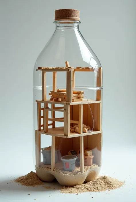 Plastic bottle that looks like a house under construction inside 