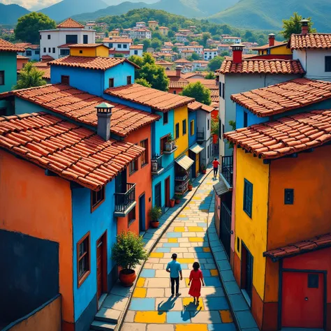 Popular Colombian neighborhood seen from above in a Picasso style