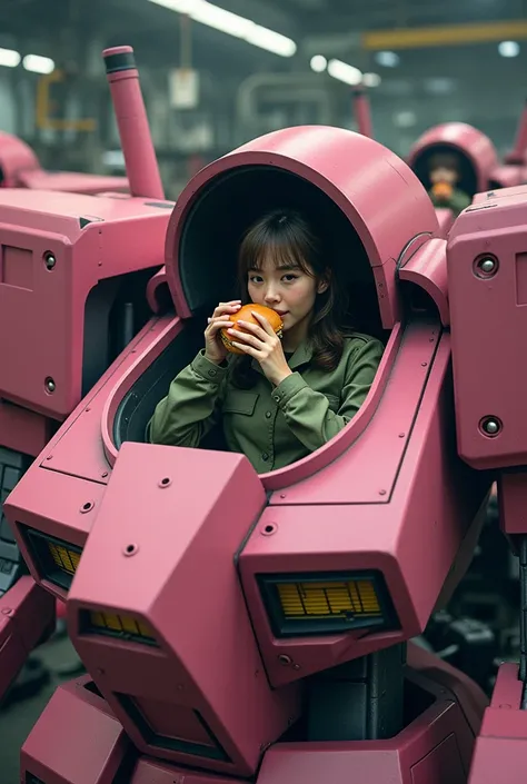 ((best quality)), ((masterpiece)), (detailed), 1girl, 
Robot and fighter hangar 、 mechanic man maintenance robot 、Pink Zakus chest door opens 、 girl wearing Zeons military uniform sitting in Zacks cockpit eating a hamburger、21 years old、 slender、documentar...