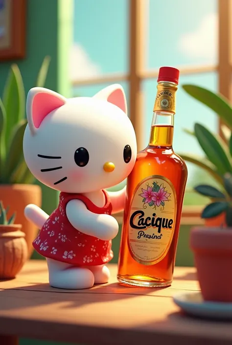 Hello Kitty with a bottle of cacique 
