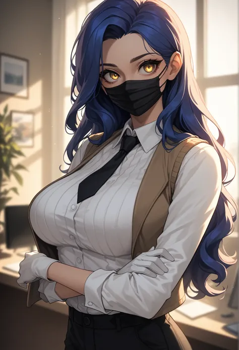 (masterpiece), best quality, 1 girl, solo, upper body, yellow eyes, deep blue hair, long hair, lob haircuts, mouth mask, white Long-sleeved shirt, black tie, vest sweater, white format gloves, black trousers, Expressionless, constricted pupils, calm, latti...