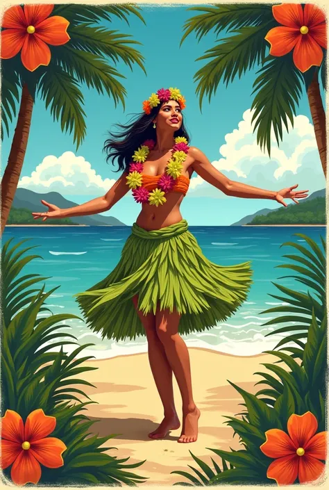 Create an illustration inspired by vintage Hawaiian travel ads 