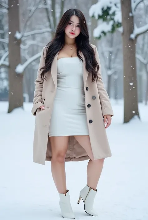 25 years old beautiful girl, jet black long hair, 4K high definition masterpiece, excellent quality, smooth skin and sharp focus (natural light, beautiful light, very good light), detailed face 1.2, snowy field background, snow covered trees, falling snow,...