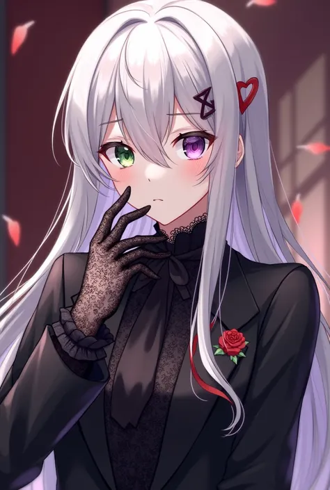 Anime guy, that has long sliver hair, that has red, and purple highlights in it. He wears a black suit, that is has lace on it. His blouse is black has ruffles, he wears lace gloves that have a rose pattern on them. His face is very feminine looking, his h...