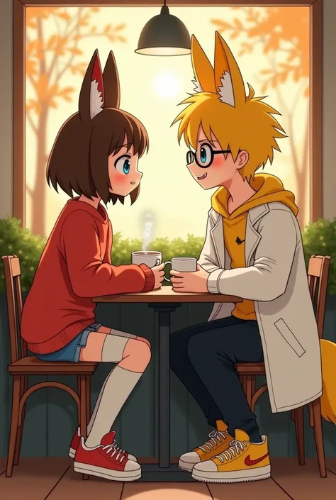 a teenage girl with capybara ears with huge breasts brunette with short hair bangs blue eyes with a red sweatshirt thigh-length socks and red all-star sneakers in a coffee shop a yellow-haired teenage boy with yellow fox ears with 2 yellow tails with yello...