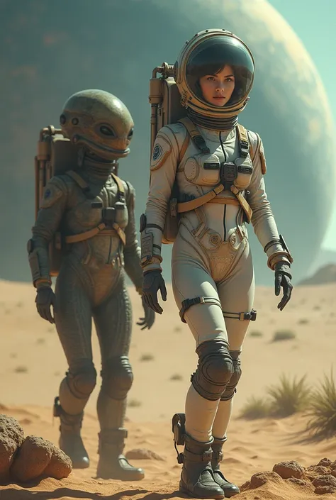 A beautiful twenty-year-old woman was napped by an alien on an unknown planet, She is wearing a space suit , She is wearing a Space helmet,  she had a large life support device on his backp, Perfect proportions,Long legs,  full body, She went outside the s...