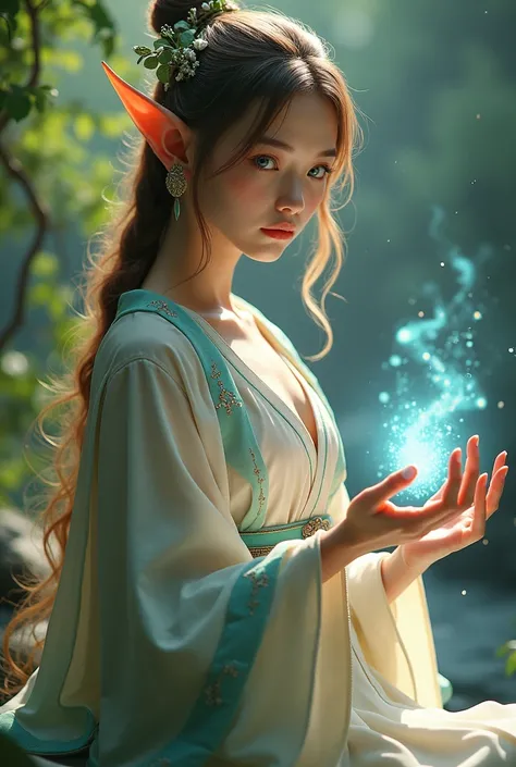 a Japanese elf,masters the natural elements,brown and blond hair, blue eyes, long elf ears, a light skin,((She is 18 years old))